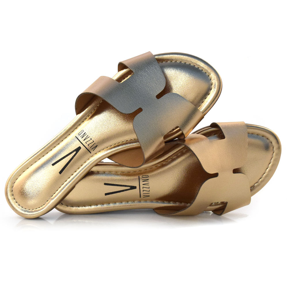 Sandália Rasteira Feminina Vizzano Ouro Rosê